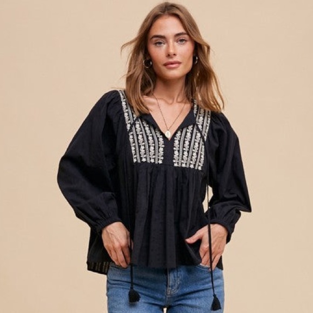 Black Embroidered Boho Peasant Blouse Long Sleeve Tassel Top Casual NWT SM #171